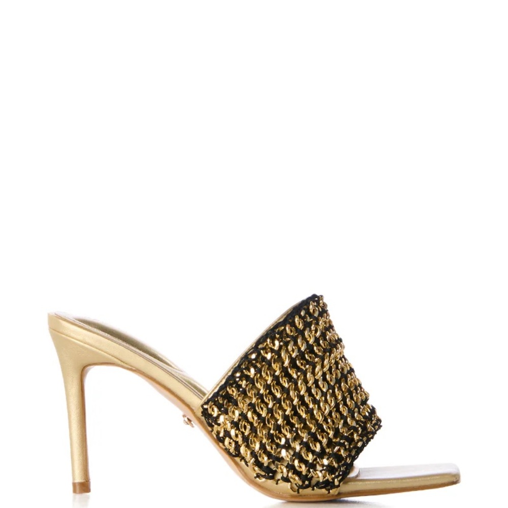 AZALEA WANG Black & Gold Metallic Vegan Leather Chain Sandals
